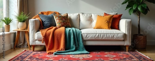 Cozy living room featuring a stylish throw blanket draped over a plush sofa, complemented by a vibrant rug and decorative cushions, creating a warm and inviting atmosphere , decoration, comfortable
