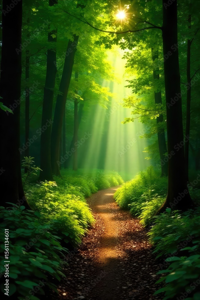 Naklejka premium Sun-dappled forest path winding through lush greenery, sunlight filtering through leaves, creating a magical atmosphere Perfect for nature, travel, and environmental themes , outdoor, undergrowth