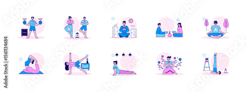 Doing mediation and yoga practice. Meditation illustrations set. Flat vector illustration.