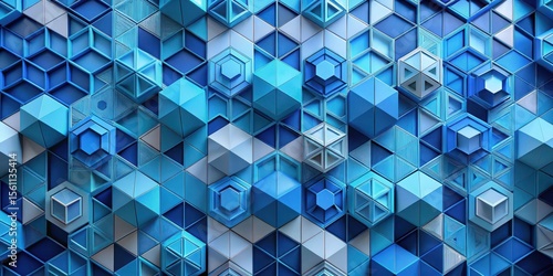 Abstract Blue Geometric Shapes Interlocking Design, a Complex Pattern of Triangles and Cubes