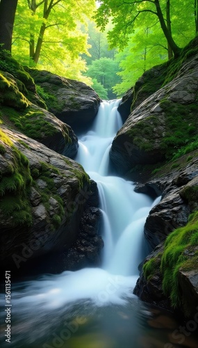 Serene springtime waterfall cascading over mossy rocks, sunlight dappling the lush green foliage Perfect for nature, travel, and environmental themes , outdoor, nature, peaceful