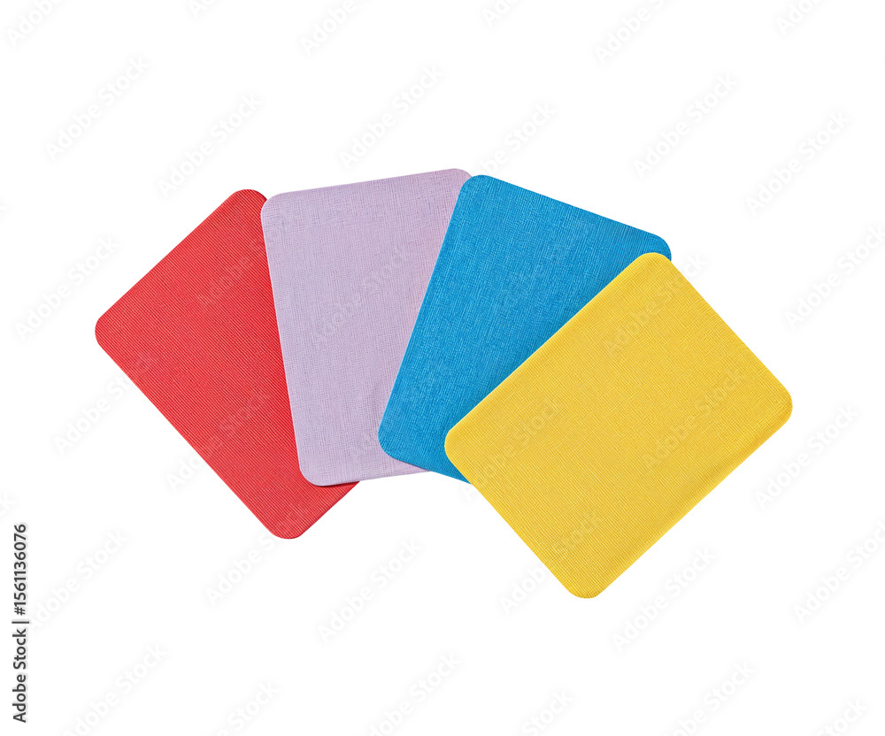 Vibrant array of textured cards in red, lavender, blue and yellow with rounded corners on neutral field Vibrant array of textured cards in red, lavender, blue and yellow with rounded corners on neutral field