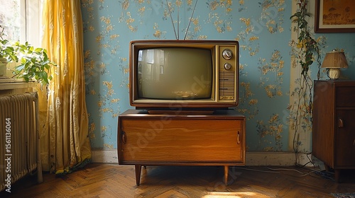 Retro vintage television set in a room with floral wallpaper. Wooden cabinet,  sunlight