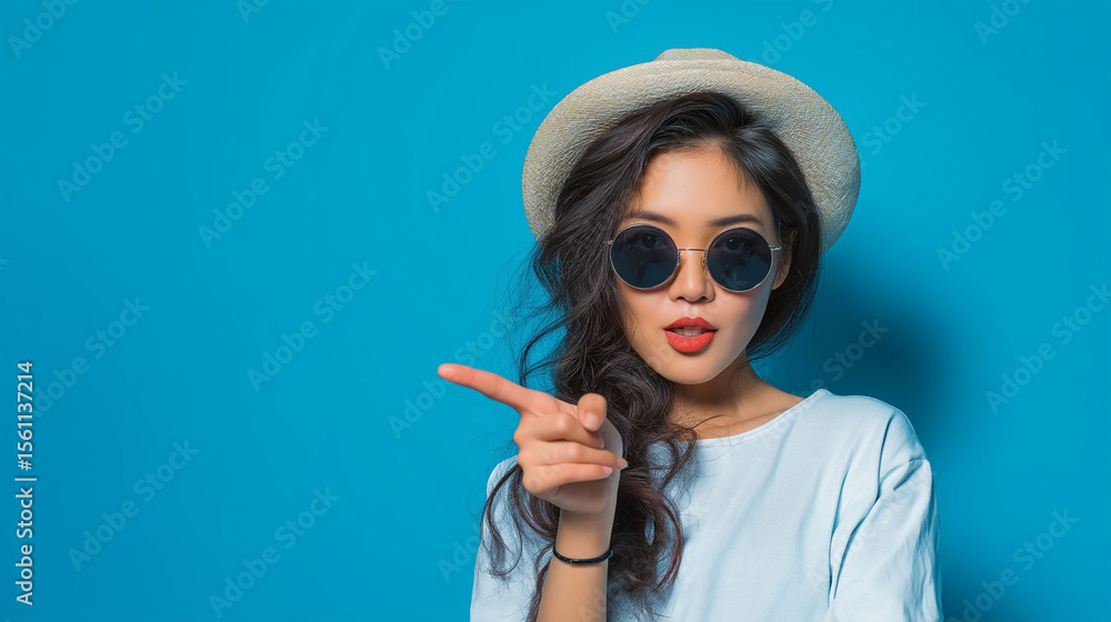Obraz premium Fashion Forward: A stylish woman with hat and sunglasses gestures towards an unseen element, expressing confidence and charisma against a vibrant blue backdrop.
