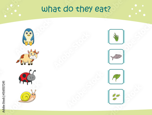 What do they eat matching game for kids with cute wild animals. activity page for kindergarteen and preschool. Vector illustration