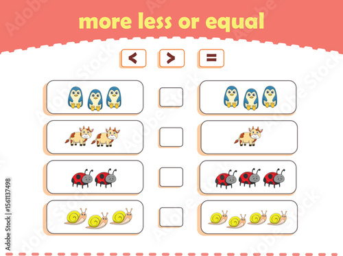 More, less or equal. Count the amount of cute wild animals. Educational math game for kids. Vector Illustration