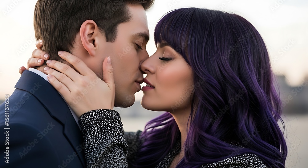 Fototapeta premium Close-up of a romantic couple kissing passionately outdoors.