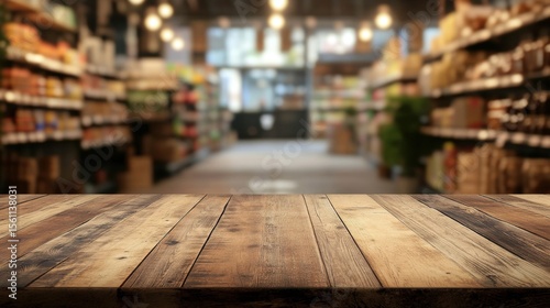 Rustic Wooden Table in Blurred Grocery Store.