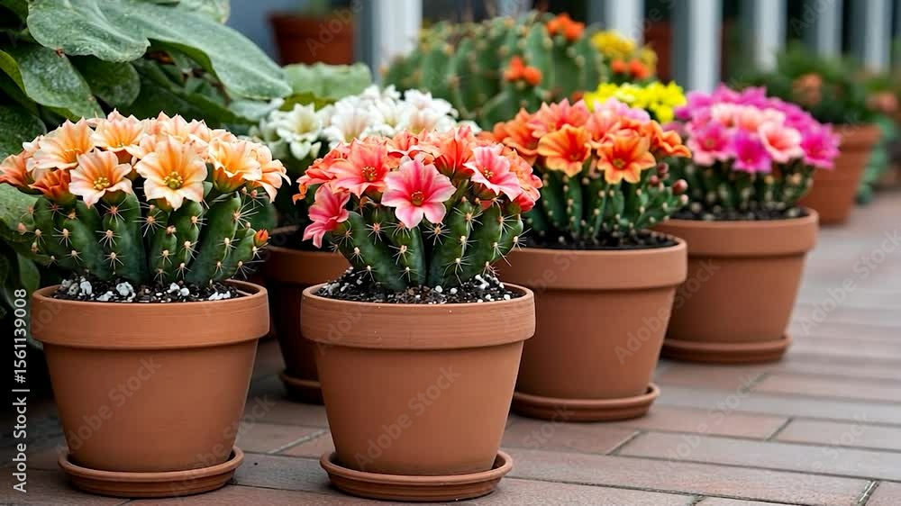 Close up of blooming cacti in terracotta pots showcasing diverse flower colors against a blurred background Close up of blooming cacti in terracotta pots showcasing diverse flower colors against a blurred background