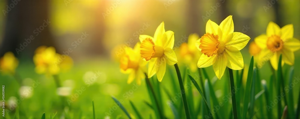 Obraz premium Vibrant yellow daffodils blooming in a lush green spring meadow, bathed in warm sunlight Perfect for spring themes, Easter, and nature imagery , springtime, natural, sunlight