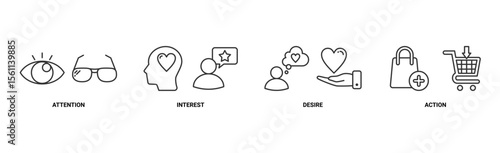 AIDA banner web icon vector illustration concept for attention interest desire action with icon of promotion, target, vision, store, ecommerce, and buying
