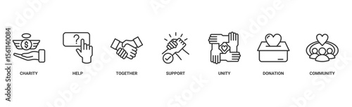 Volunteering banner web icon vector illustration concept for volunteer aid assistant with icon of charity, help, together, support, unity, donation, and community