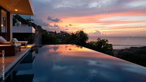 Luxury villa with infinity pool reflecting colorful sunset sky over ocean serene atmosphere romantic vacation setting