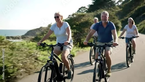 Happy seniors e-bike coastal ride, sunny day