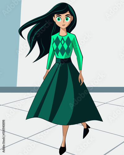 A glamorous woman in an elegant blue gown models a beautiful, stylish look