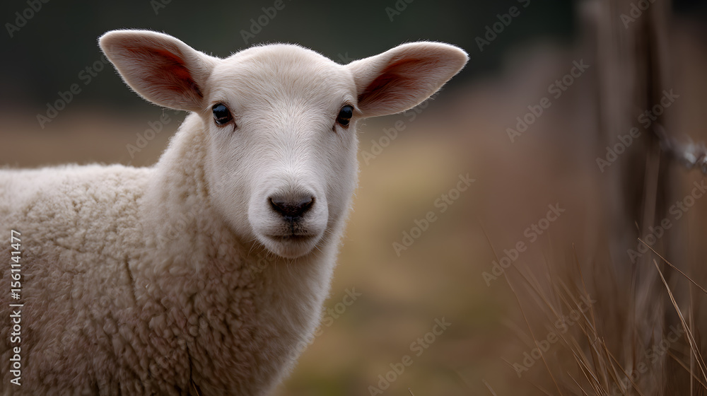 Fototapeta premium Innocent Gaze of Lamb: A captivating image of a pristine white lamb with innocent eyes gazing directly at the viewer, evoking a sense of peace and purity.