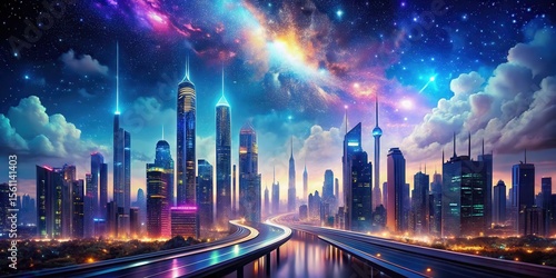 Futuristic Cityscape at Night Under a Vibrant Cosmic Sky with Elevated Highway