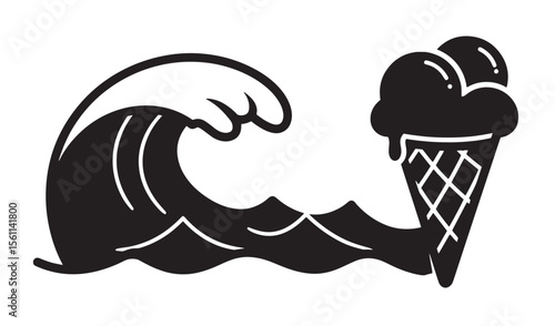 A stylized summer concept combining ocean waves and delicious ice cream cone dessert