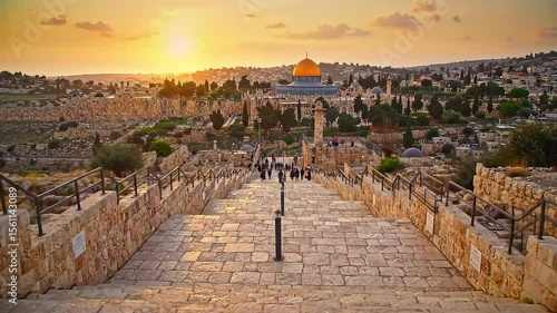 Sunset stone stairway to Dome of the Rock, Jerusalem
