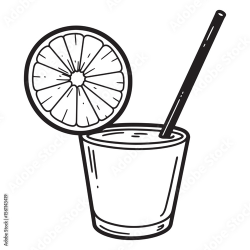 Black and white vector illustration of a lemonade drink with a straw and slice of citrus