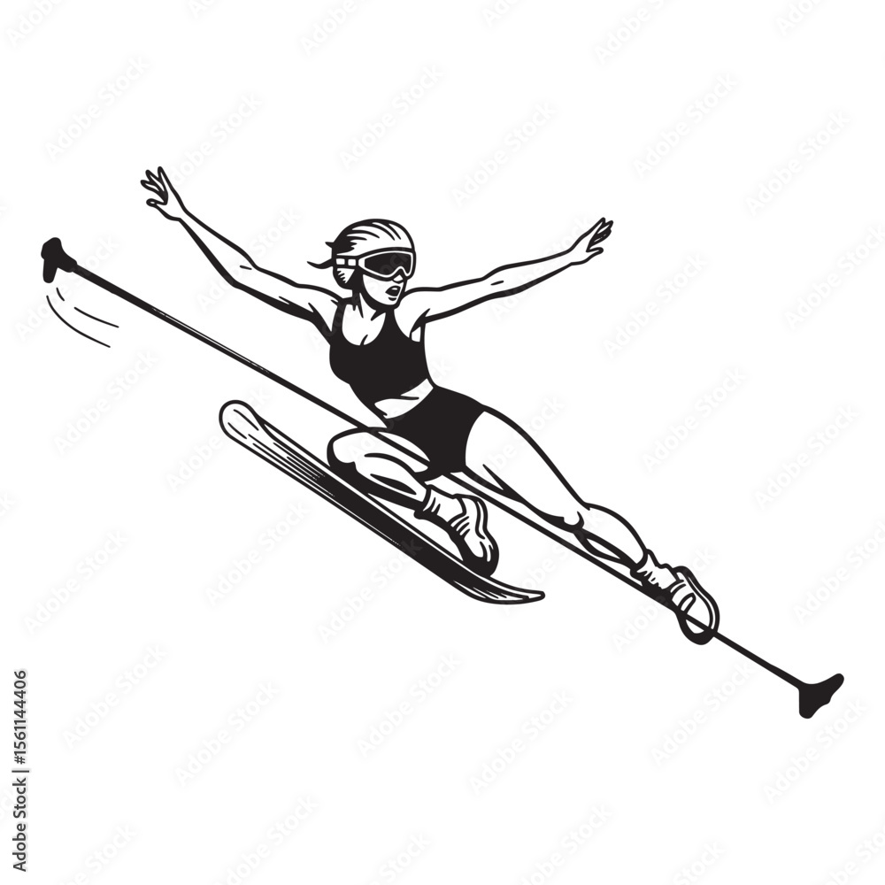 Fototapeta premium Dynamic black and white illustration of a female skier enjoying a downhill run