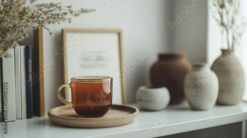 Wallpaper Mural Midday tea on a minimalist shelf with decorative vases and a framed art piece nearby. Torontodigital.ca