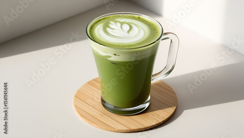 Vibrant green iced matcha latte in a clear glass on a bamboo coaster, capturing a calm and modern aesthetic.