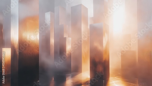 Abstract cityscape of metallic rectangular structures in a foggy environment.