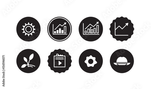 Set of simple icon illustrations representing sun growth progress media and miscellaneous concepts