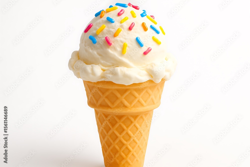Delicious vanilla ice cream cone topped with colorful sprinkles on a white background Delicious vanilla ice cream cone topped with colorful sprinkles on a white background