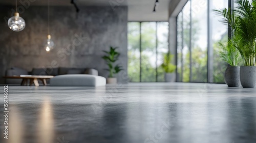 Modern living room with polished concrete floor.