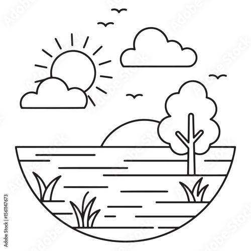Simple black and white landscape illustration featuring sun clouds birds and nature elements