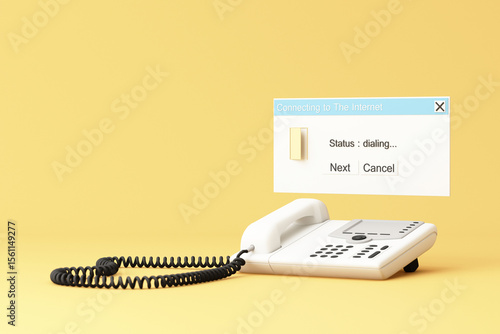 Old dial-up telephone with pop-up internet connection status window, reflecting early days of online access. 3d rendering.