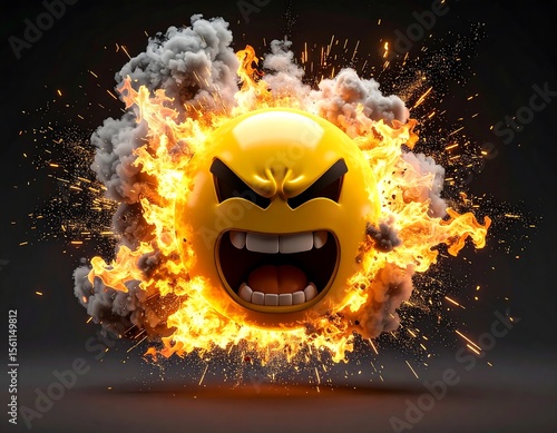 A powerful emoticon with smoke and sparks representing an explosive anger emotion, highly stylized.