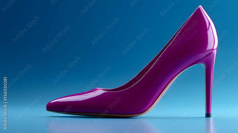 Elegant Heels: A single, vibrant high-heeled shoe, rendered with striking detail and light, against a minimalist backdrop of a gradient blue surface. Elegant Heels: A single, vibrant high-heeled shoe, rendered with striking detail and light, against a minimalist backdrop of a gradient blue surface.