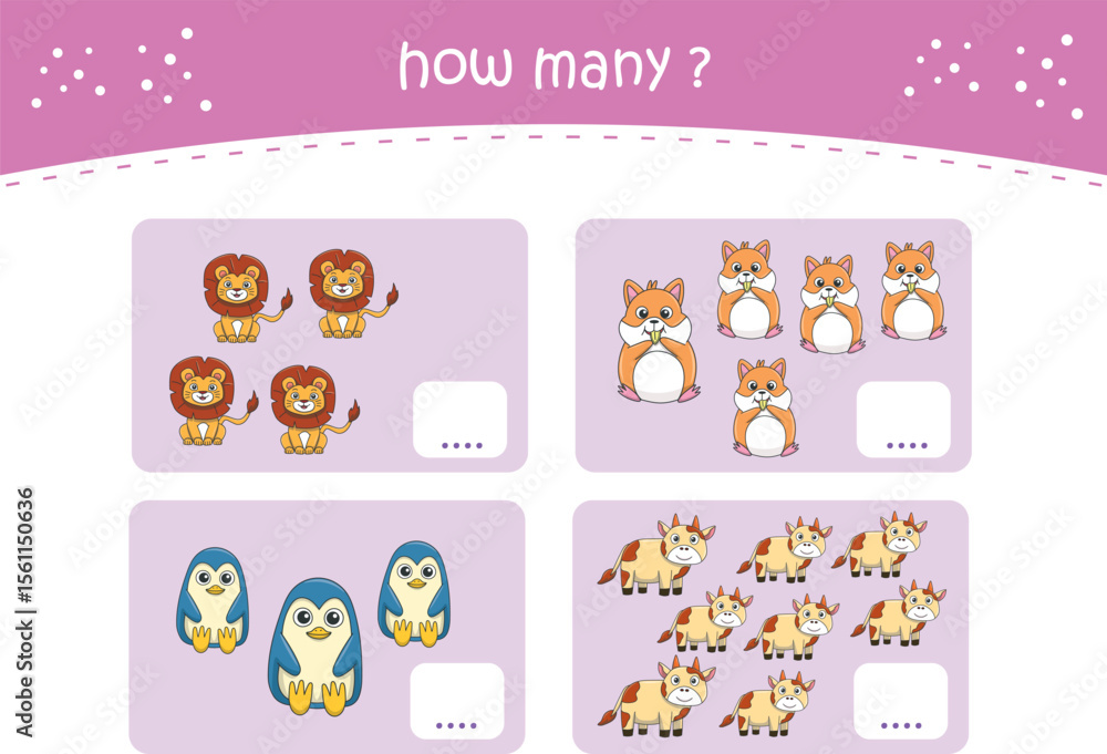 Count and match activity page for kids with cute wild animals. Elementary math for preschool and kindergarten. Vector illustration Count and match activity page for kids with cute wild animals. Elementary math for preschool and kindergarten. Vector illustration