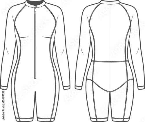 Technical vector sketch of women’s long sleeve active bodysuit with front zipper, fashion design template, sporty flat illustration