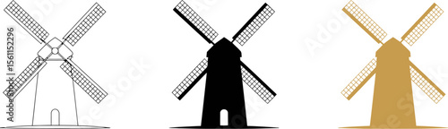 Windmill vector illustration set, farm and agriculture concept, vintage windmill drawing and silhouette editable vector illustration