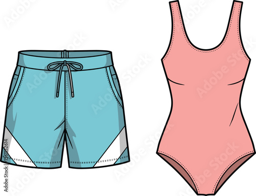 Stylish Board Shorts and One-Piece Swimsuit Vector Templates, Beachwear Collection, Fashion Flats for Summer Apparel Design and Mockups