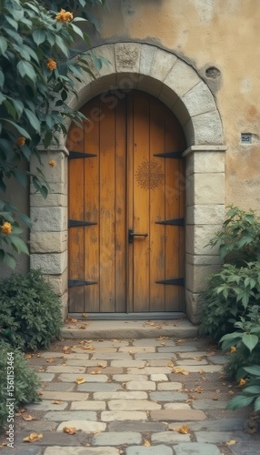 Wooden double door with carvings in serene garden courtyard
