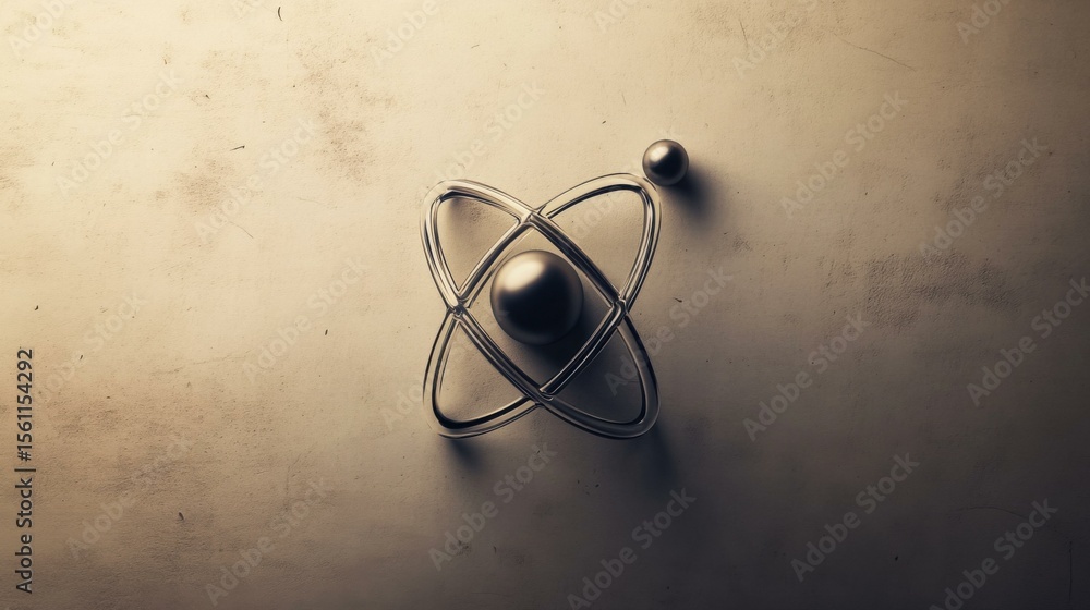 Conceptual model of atom with metallic spheres and glass orbital Conceptual model of atom with metallic spheres and glass orbital