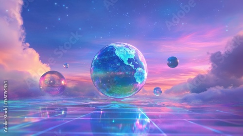 Earth globe surrounded by glowing orbs in surreal sunset sky