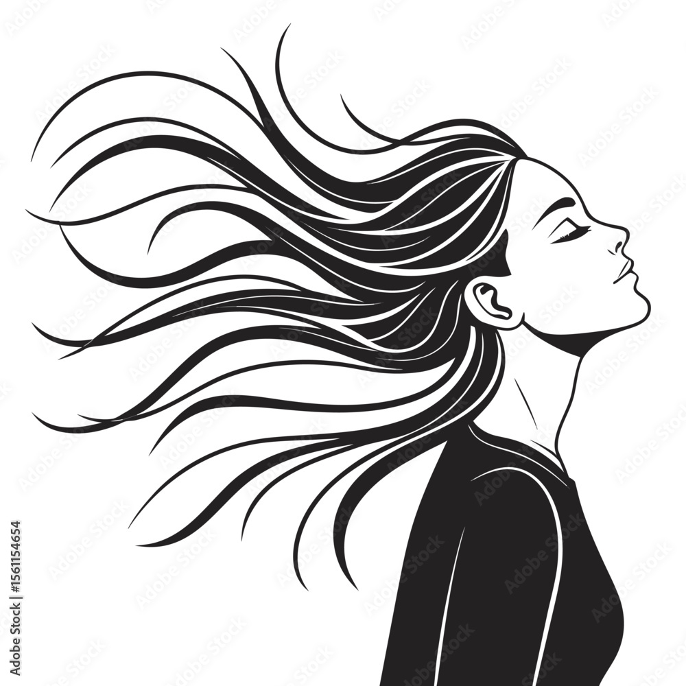 Woman with Flowing Hair: Elegant Black and White Line Art Woman with Flowing Hair: Elegant Black and White Line Art