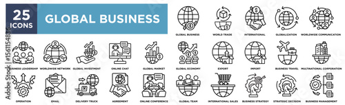 Global Business  icon collection set. Containing design global team,worldwide communication,multinational corporation, global market, global economy Simple line vector.
