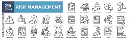 Riak Management icon collection set. Containing design risk assessment, risk monitoring, risk management, warning, safety management