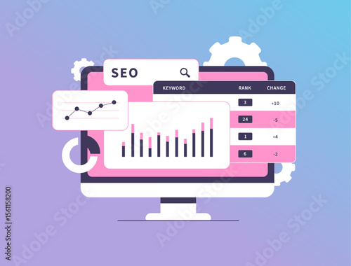 SEO analytics on desktop screen with keyword ranking charts. SEO analytics metrics and search engine optimization data improving website visibility and search performance. Vector illustration