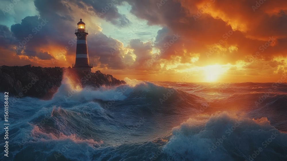 Fototapeta premium Dramatic sunset over lighthouse with crashing ocean waves