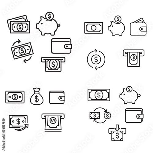 money icon set. containing cash, saving, wallet, transfer, withdraw icons. finance symbol for app, ui, 
website and design element