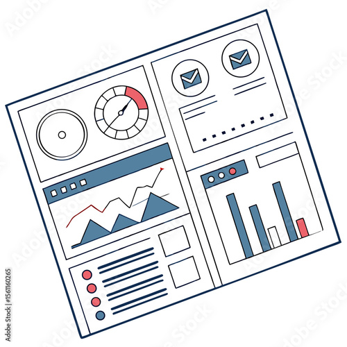 Illustration of a dashboard interface with charts, graphs, and gauges for data visualization and analysis