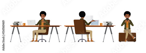 Businesswoman with afro hairstyle wearing green jacket character vector illustration design set. Woman working in office. Presentation in various action.